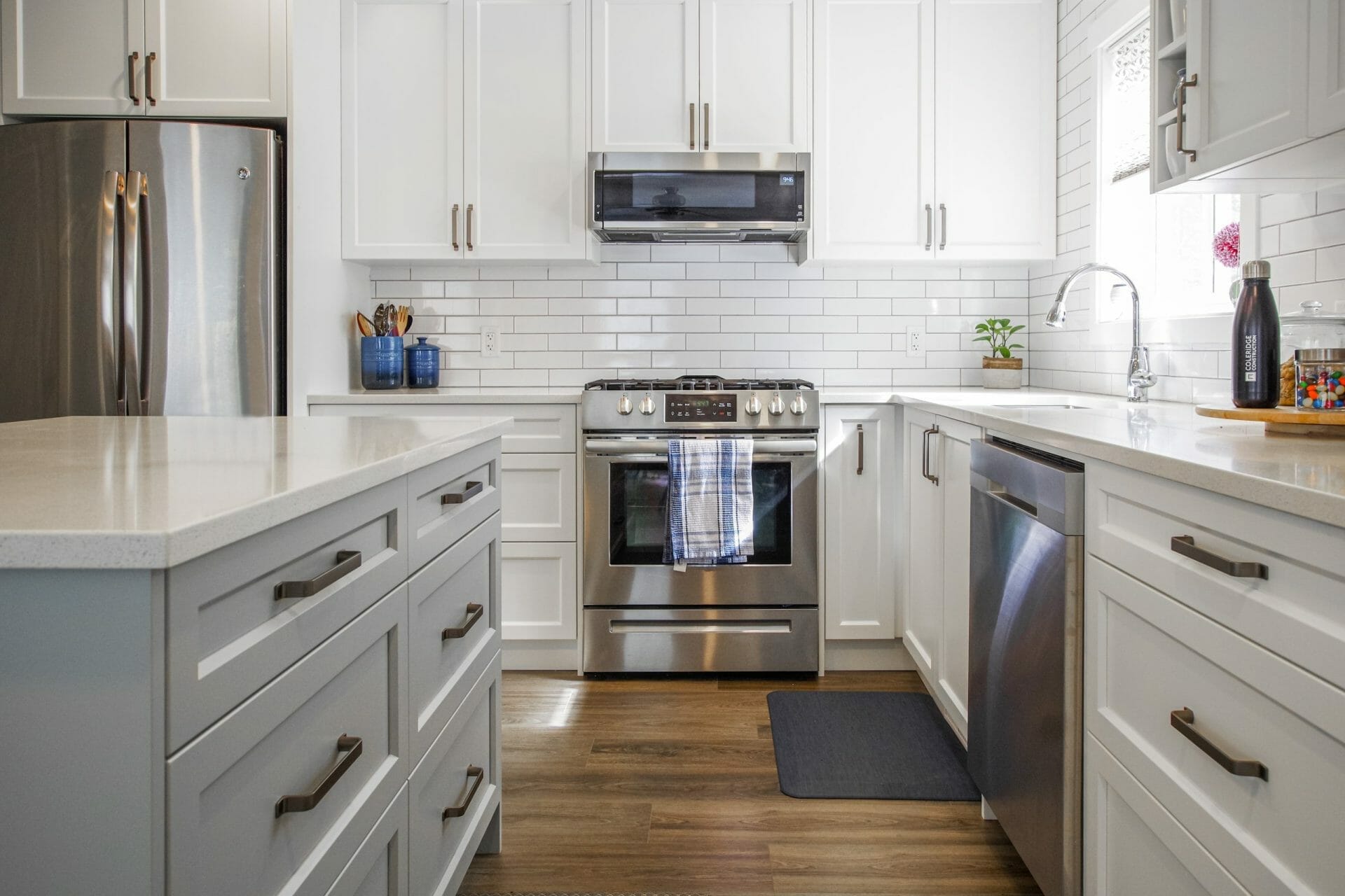 A kitchen island and countertop in a newly renovated kitchen.