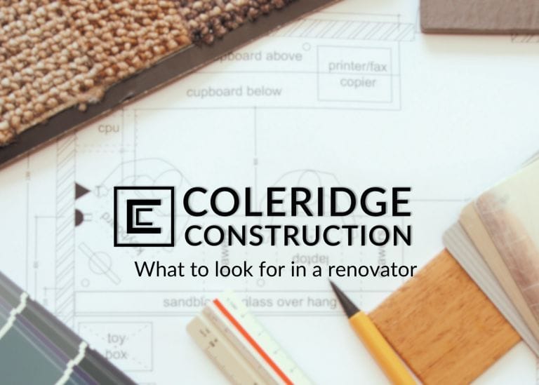 Logo for Coleridge Construction over an image of a ruler, pencil, house plans, and colour fan.